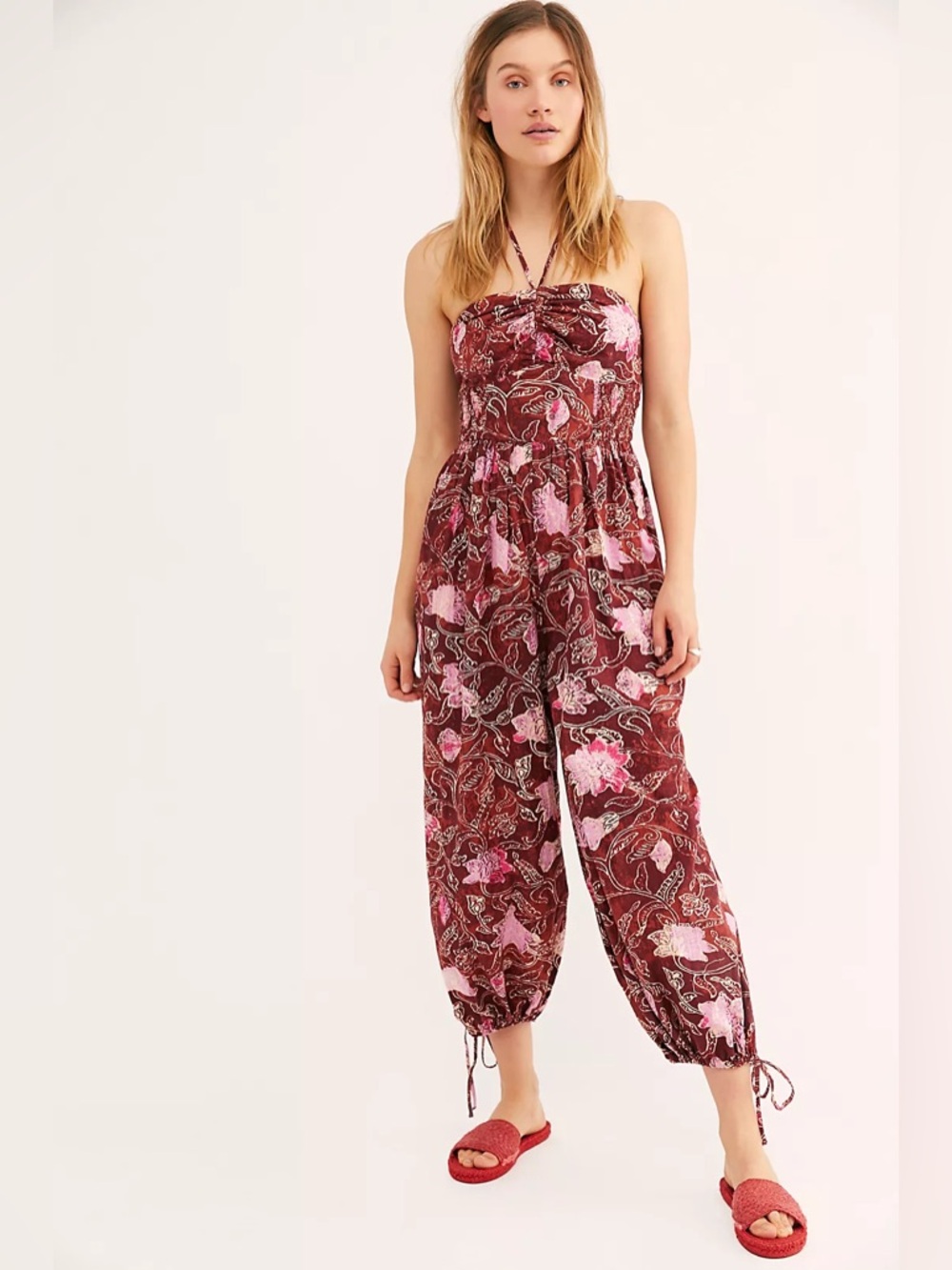 Free People Burgundy Floral Strapless Jumpsuit
